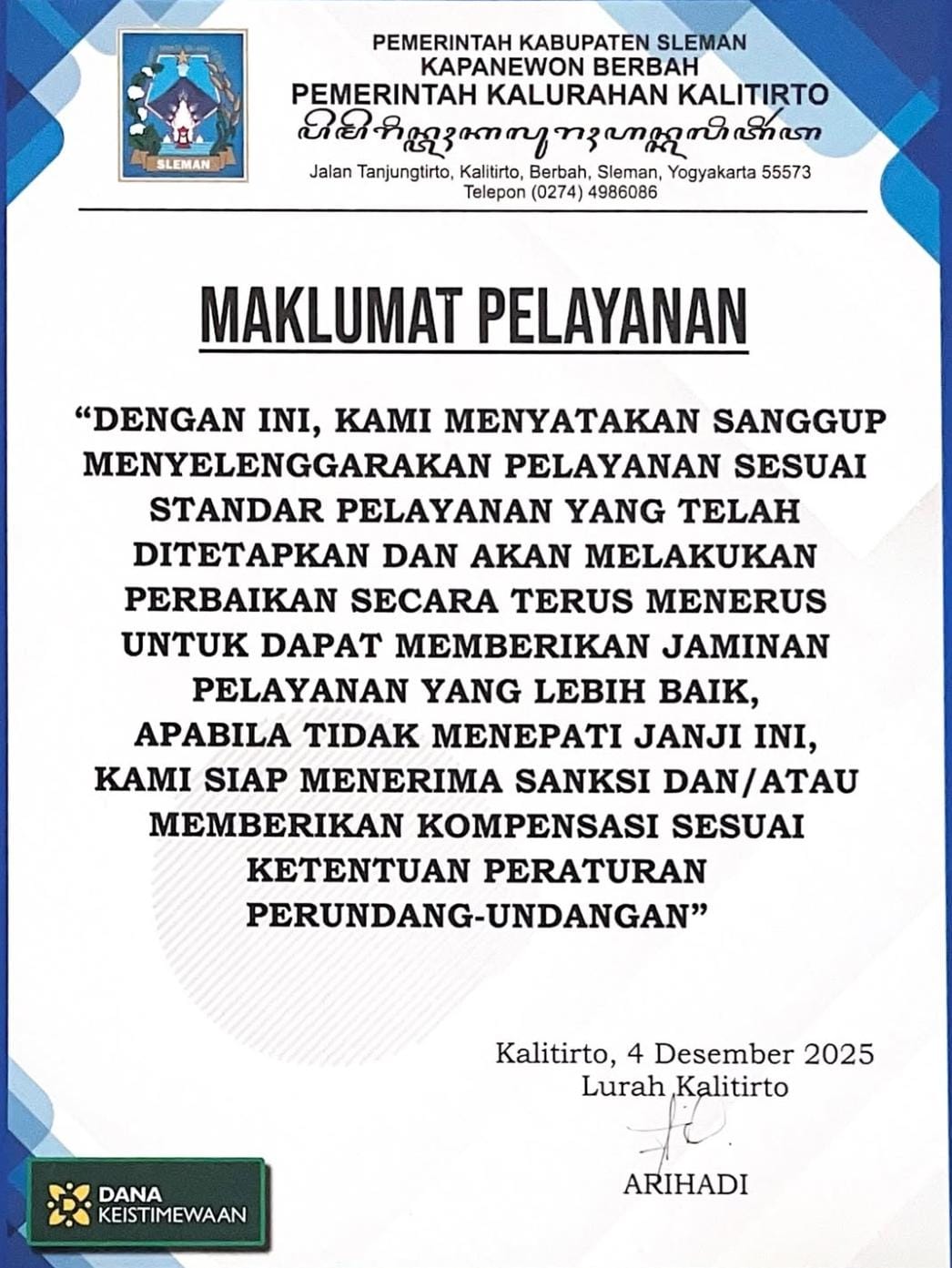MAKLUMAT PELAYANAN KALURAHAN KALITRTO